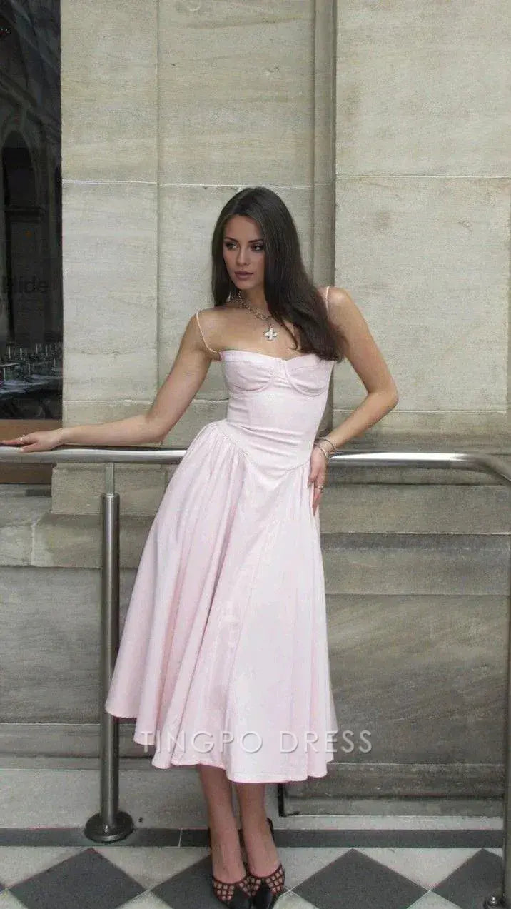 TingPo Wholesale Modest A line Spaghetti Straps Pink Satin Prom Dresses Birthday Outfits
